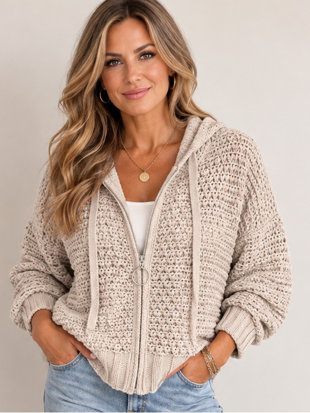 Miracle beige Textured Knit Zip-Up Hooded Sweater